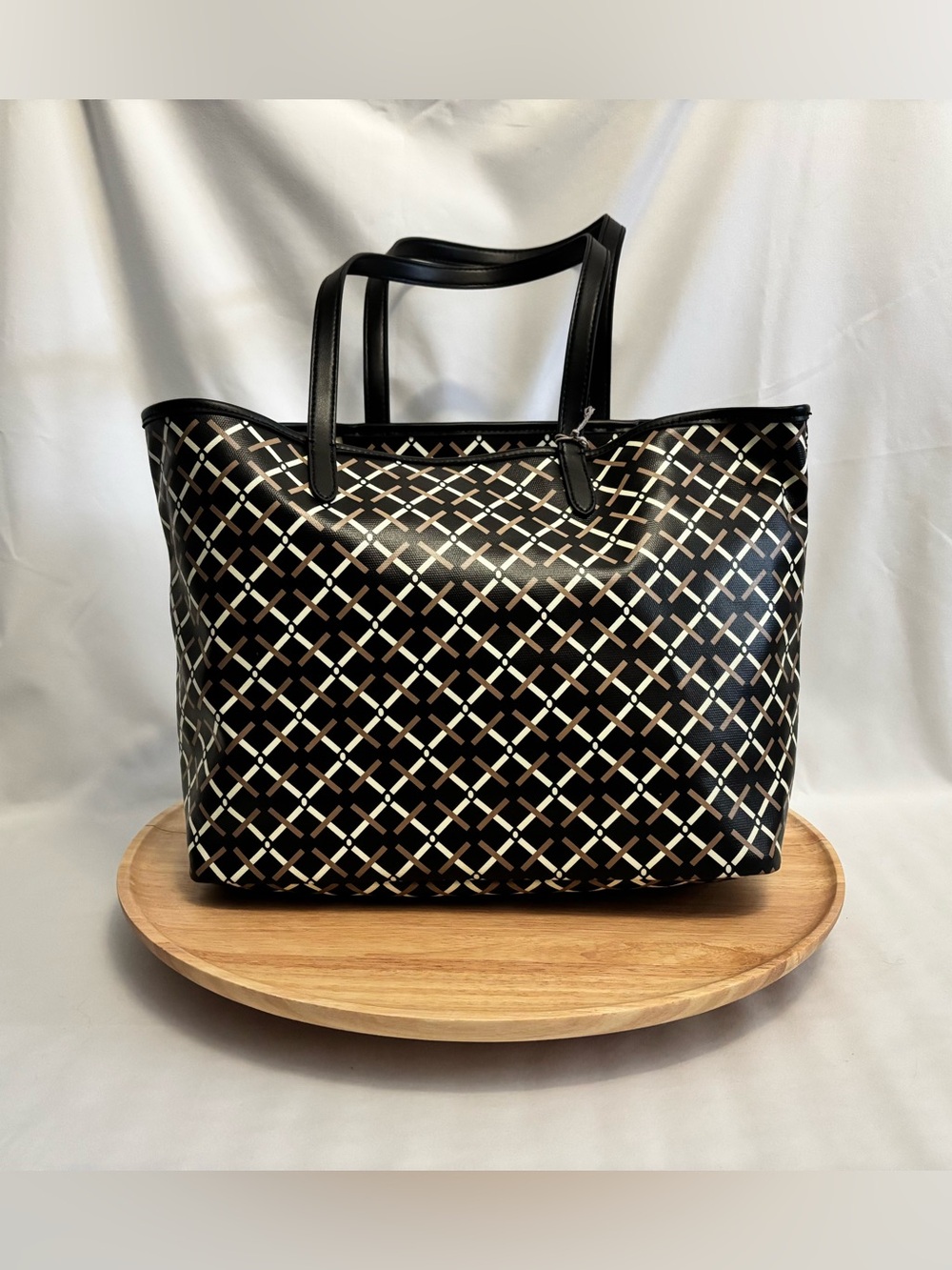 A New Day Faux Leather Black Patterned Large Tote Bag, NWT